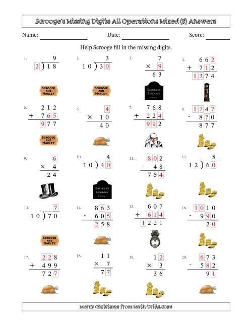 The Ebenezer Scrooge's Missing Digits All Operations Mixed (Easier Version) (F) Math Worksheet Page 2