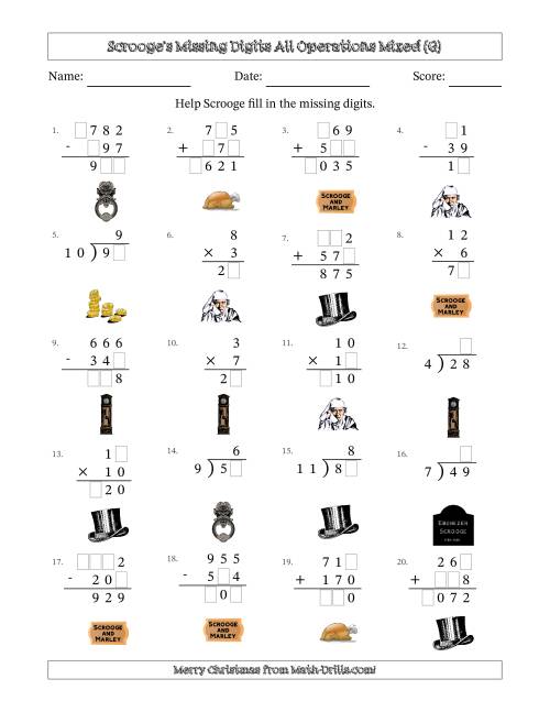 The Ebenezer Scrooge's Missing Digits All Operations Mixed (Easier Version) (G) Math Worksheet