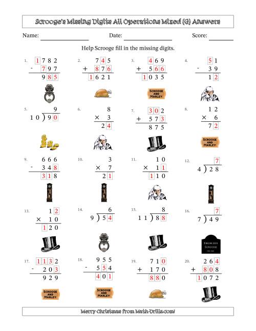 The Ebenezer Scrooge's Missing Digits All Operations Mixed (Easier Version) (G) Math Worksheet Page 2