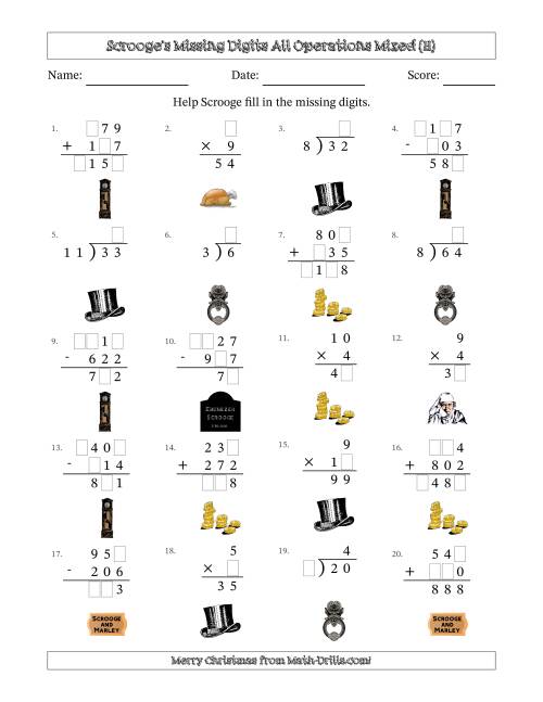 The Ebenezer Scrooge's Missing Digits All Operations Mixed (Easier Version) (H) Math Worksheet