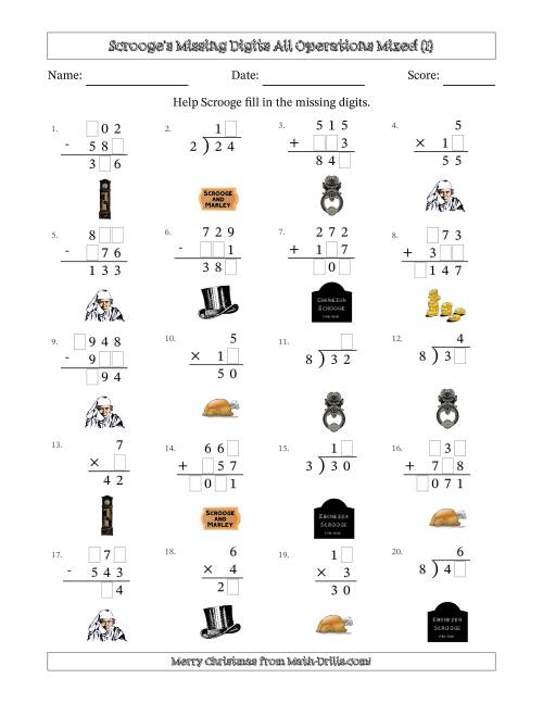 The Ebenezer Scrooge's Missing Digits All Operations Mixed (Easier Version) (I) Math Worksheet