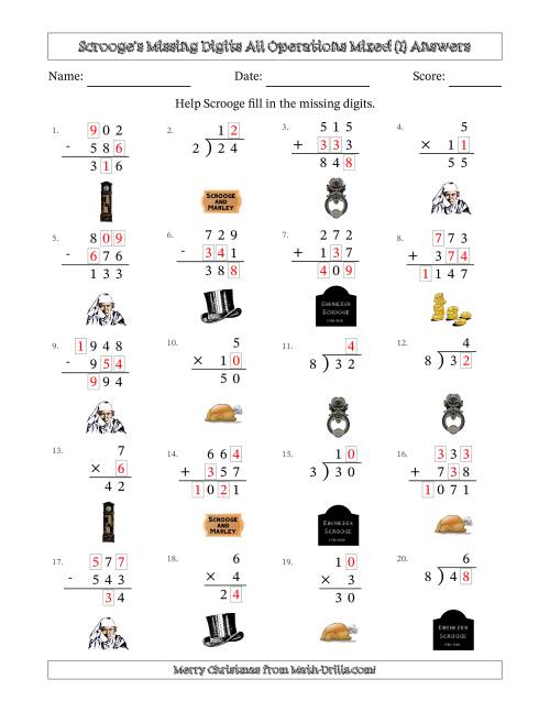 The Ebenezer Scrooge's Missing Digits All Operations Mixed (Easier Version) (I) Math Worksheet Page 2