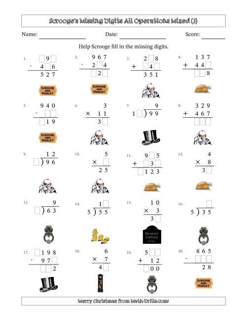 The Ebenezer Scrooge's Missing Digits All Operations Mixed (Easier Version) (J) Math Worksheet