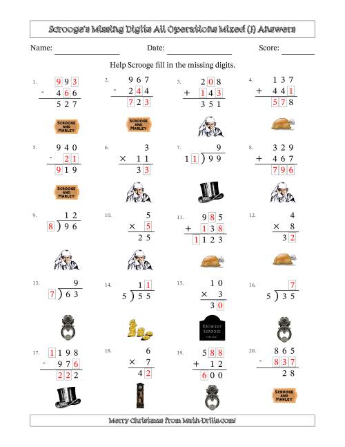 The Ebenezer Scrooge's Missing Digits All Operations Mixed (Easier Version) (J) Math Worksheet Page 2
