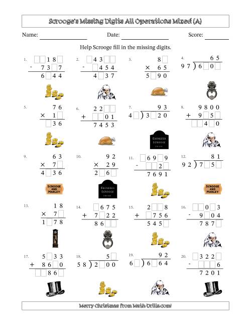 The Ebenezer Scrooge's Missing Digits All Operations Mixed (Harder Version) (A) Math Worksheet