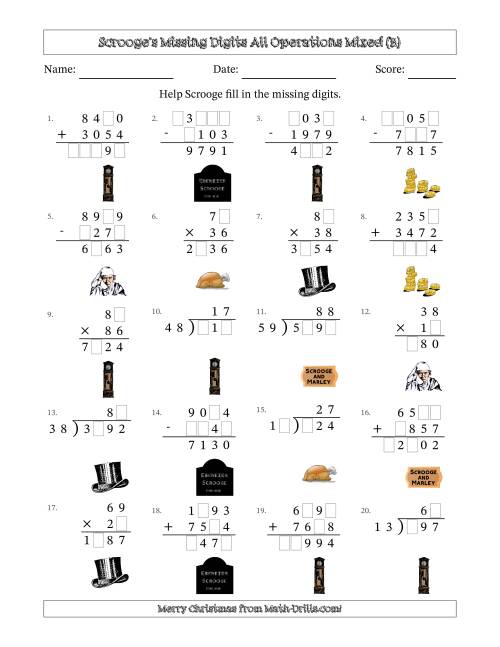 The Ebenezer Scrooge's Missing Digits All Operations Mixed (Harder Version) (B) Math Worksheet