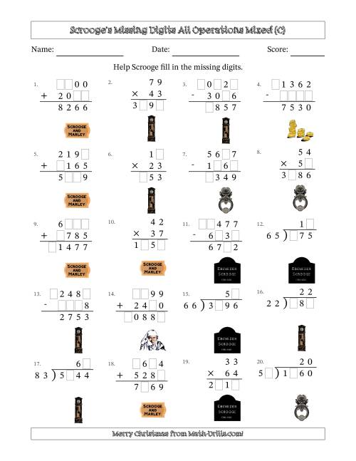 The Ebenezer Scrooge's Missing Digits All Operations Mixed (Harder Version) (C) Math Worksheet