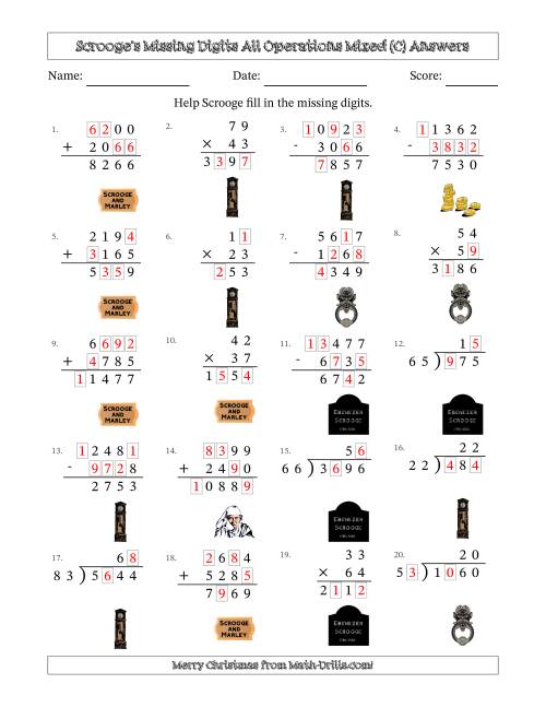 The Ebenezer Scrooge's Missing Digits All Operations Mixed (Harder Version) (C) Math Worksheet Page 2