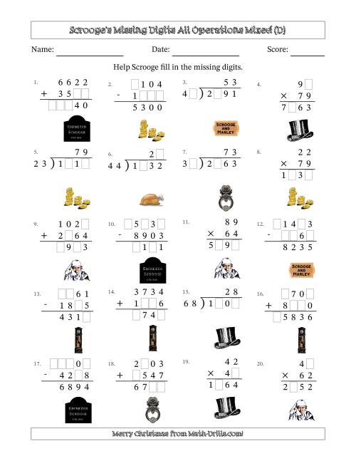 The Ebenezer Scrooge's Missing Digits All Operations Mixed (Harder Version) (D) Math Worksheet