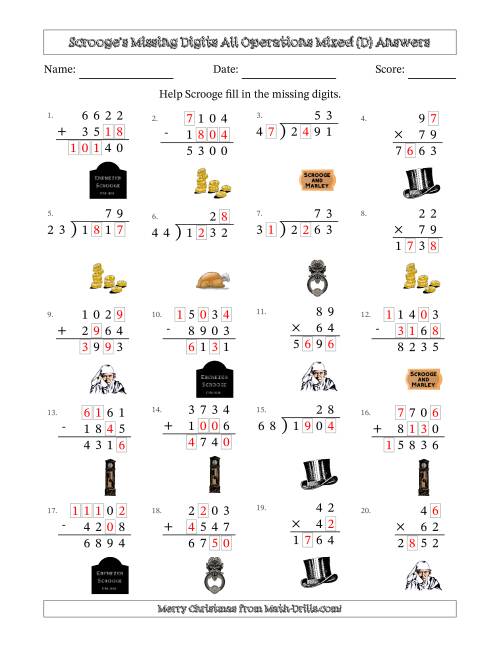 The Ebenezer Scrooge's Missing Digits All Operations Mixed (Harder Version) (D) Math Worksheet Page 2