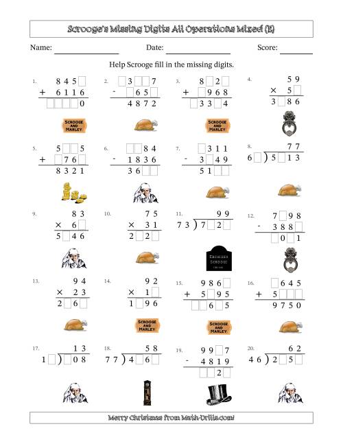 The Ebenezer Scrooge's Missing Digits All Operations Mixed (Harder Version) (E) Math Worksheet