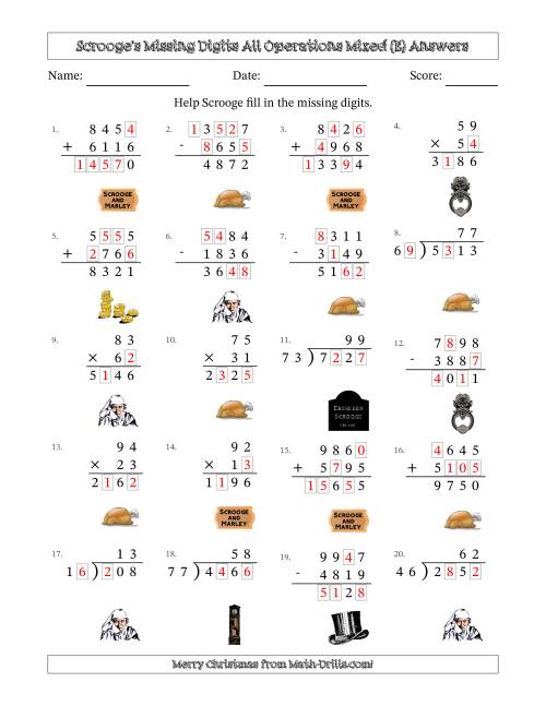 The Ebenezer Scrooge's Missing Digits All Operations Mixed (Harder Version) (E) Math Worksheet Page 2
