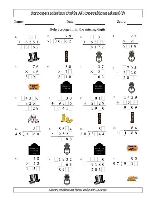 The Ebenezer Scrooge's Missing Digits All Operations Mixed (Harder Version) (F) Math Worksheet