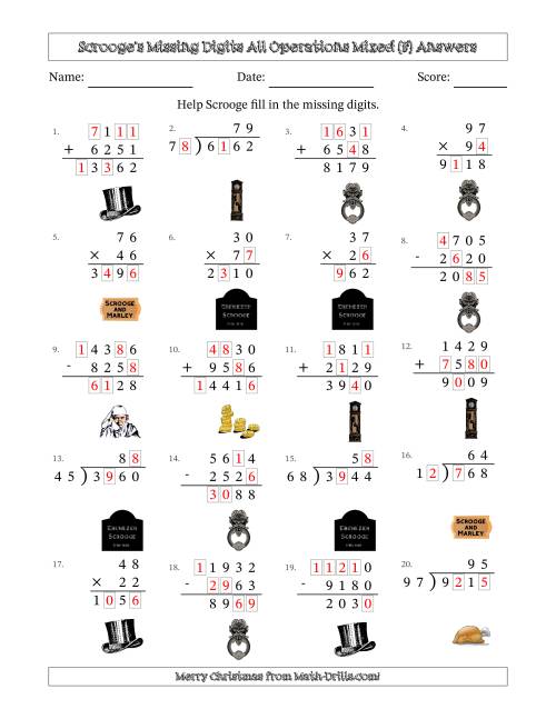 The Ebenezer Scrooge's Missing Digits All Operations Mixed (Harder Version) (F) Math Worksheet Page 2