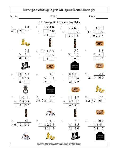 The Ebenezer Scrooge's Missing Digits All Operations Mixed (Harder Version) (G) Math Worksheet
