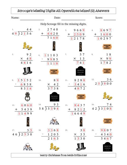 The Ebenezer Scrooge's Missing Digits All Operations Mixed (Harder Version) (G) Math Worksheet Page 2