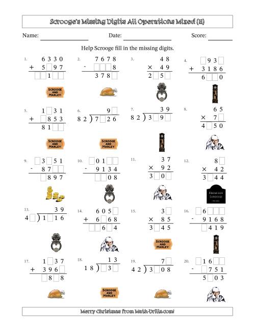 The Ebenezer Scrooge's Missing Digits All Operations Mixed (Harder Version) (H) Math Worksheet