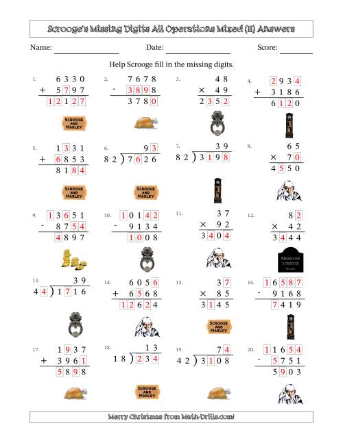 The Ebenezer Scrooge's Missing Digits All Operations Mixed (Harder Version) (H) Math Worksheet Page 2