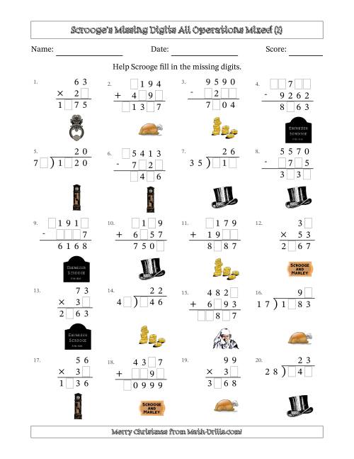 The Ebenezer Scrooge's Missing Digits All Operations Mixed (Harder Version) (I) Math Worksheet