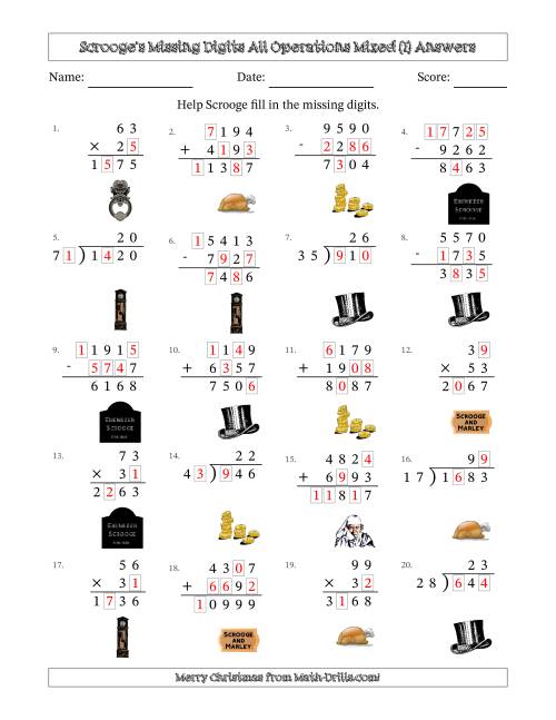 The Ebenezer Scrooge's Missing Digits All Operations Mixed (Harder Version) (I) Math Worksheet Page 2