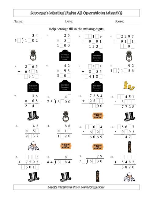 The Ebenezer Scrooge's Missing Digits All Operations Mixed (Harder Version) (J) Math Worksheet