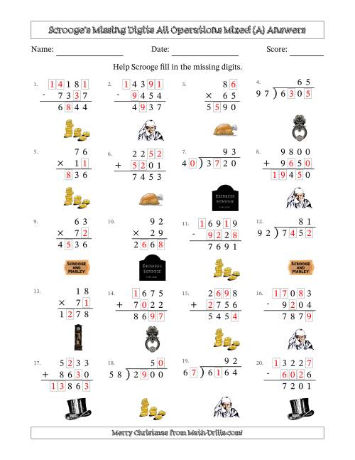 The Ebenezer Scrooge's Missing Digits All Operations Mixed (Harder Version) (All) Math Worksheet Page 2