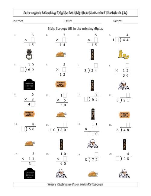 The Ebenezer Scrooge's Missing Digits Multiplication and Division (Easier Version) (A) Math Worksheet