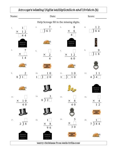 The Ebenezer Scrooge's Missing Digits Multiplication and Division (Easier Version) (B) Math Worksheet