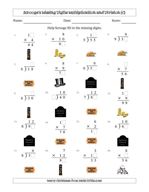The Ebenezer Scrooge's Missing Digits Multiplication and Division (Easier Version) (C) Math Worksheet