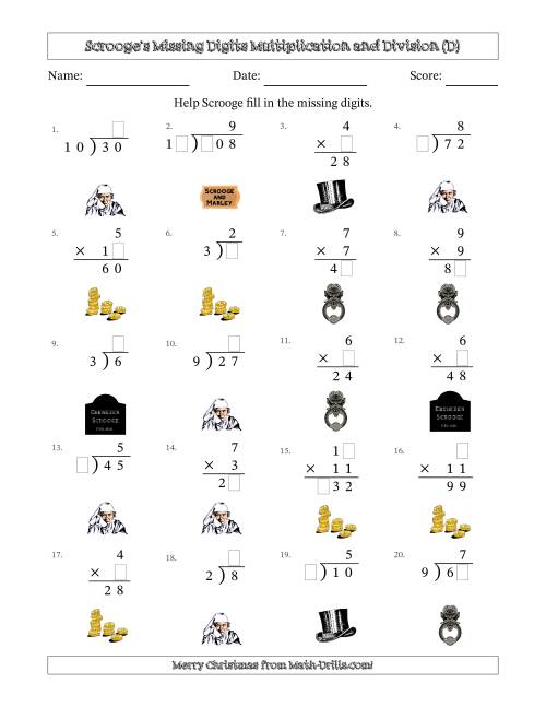 The Ebenezer Scrooge's Missing Digits Multiplication and Division (Easier Version) (D) Math Worksheet
