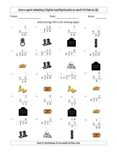 The Ebenezer Scrooge's Missing Digits Multiplication and Division (Easier Version) (E) Math Worksheet