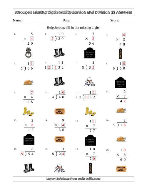 The Ebenezer Scrooge's Missing Digits Multiplication and Division (Easier Version) (E) Math Worksheet Page 2