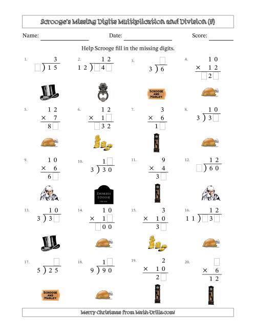 The Ebenezer Scrooge's Missing Digits Multiplication and Division (Easier Version) (F) Math Worksheet