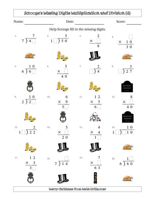 The Ebenezer Scrooge's Missing Digits Multiplication and Division (Easier Version) (G) Math Worksheet
