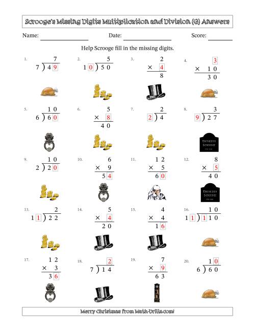 The Ebenezer Scrooge's Missing Digits Multiplication and Division (Easier Version) (G) Math Worksheet Page 2