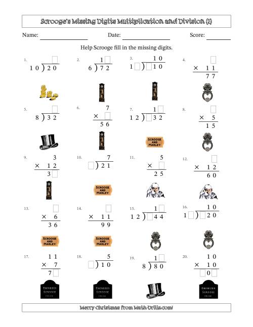 The Ebenezer Scrooge's Missing Digits Multiplication and Division (Easier Version) (I) Math Worksheet