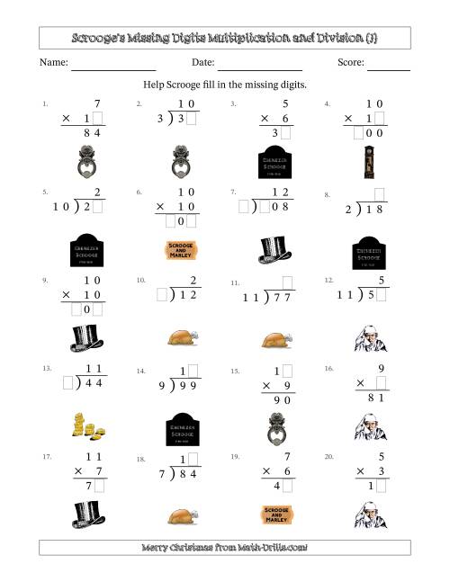 The Ebenezer Scrooge's Missing Digits Multiplication and Division (Easier Version) (J) Math Worksheet
