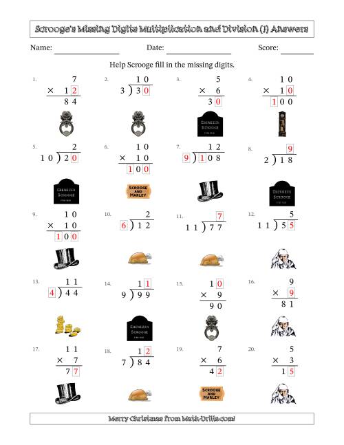 The Ebenezer Scrooge's Missing Digits Multiplication and Division (Easier Version) (J) Math Worksheet Page 2