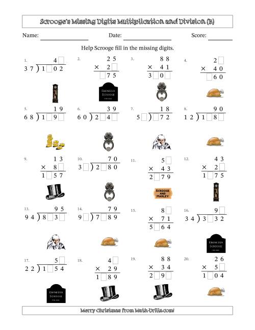 The Ebenezer Scrooge's Missing Digits Multiplication and Division (Harder Version) (B) Math Worksheet