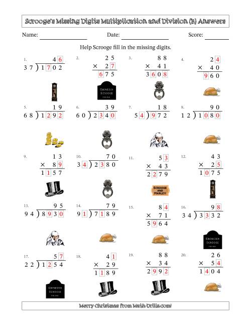 The Ebenezer Scrooge's Missing Digits Multiplication and Division (Harder Version) (B) Math Worksheet Page 2