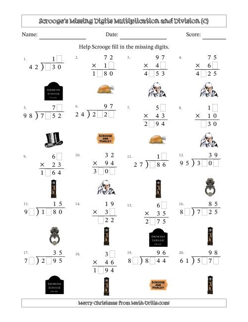 The Ebenezer Scrooge's Missing Digits Multiplication and Division (Harder Version) (C) Math Worksheet