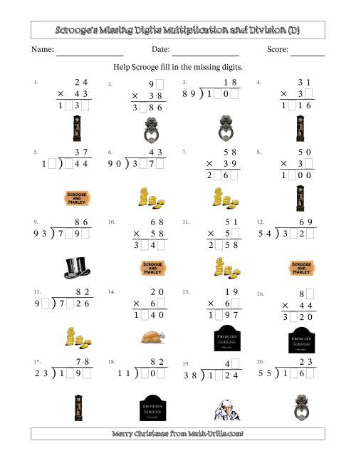 The Ebenezer Scrooge's Missing Digits Multiplication and Division (Harder Version) (D) Math Worksheet
