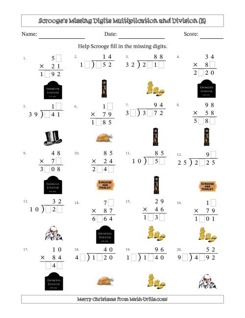 The Ebenezer Scrooge's Missing Digits Multiplication and Division (Harder Version) (E) Math Worksheet