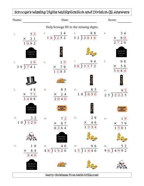 The Ebenezer Scrooge's Missing Digits Multiplication and Division (Harder Version) (E) Math Worksheet Page 2