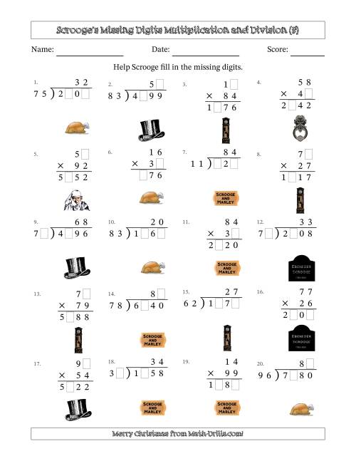 The Ebenezer Scrooge's Missing Digits Multiplication and Division (Harder Version) (F) Math Worksheet