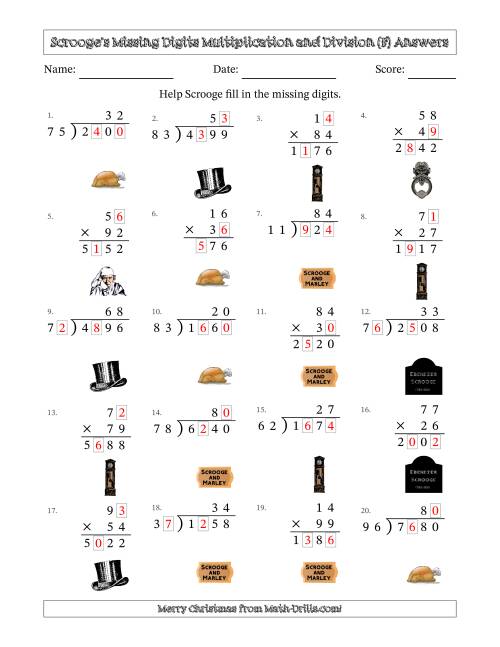 The Ebenezer Scrooge's Missing Digits Multiplication and Division (Harder Version) (F) Math Worksheet Page 2