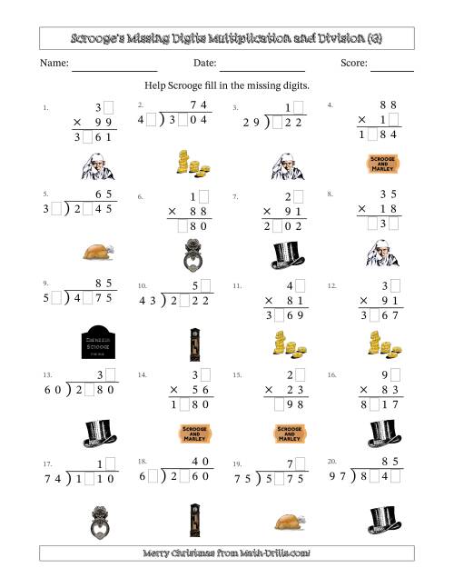 The Ebenezer Scrooge's Missing Digits Multiplication and Division (Harder Version) (G) Math Worksheet
