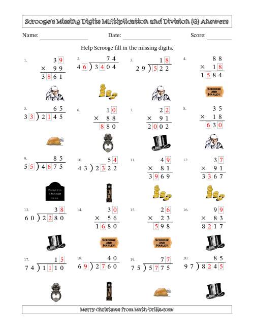 The Ebenezer Scrooge's Missing Digits Multiplication and Division (Harder Version) (G) Math Worksheet Page 2