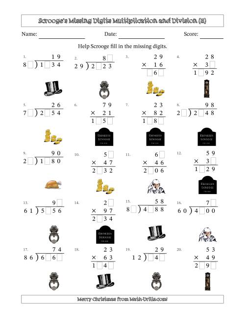 The Ebenezer Scrooge's Missing Digits Multiplication and Division (Harder Version) (H) Math Worksheet