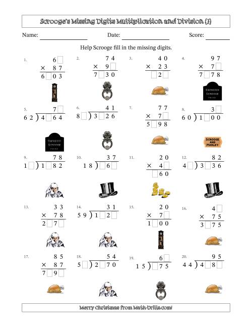 The Ebenezer Scrooge's Missing Digits Multiplication and Division (Harder Version) (J) Math Worksheet